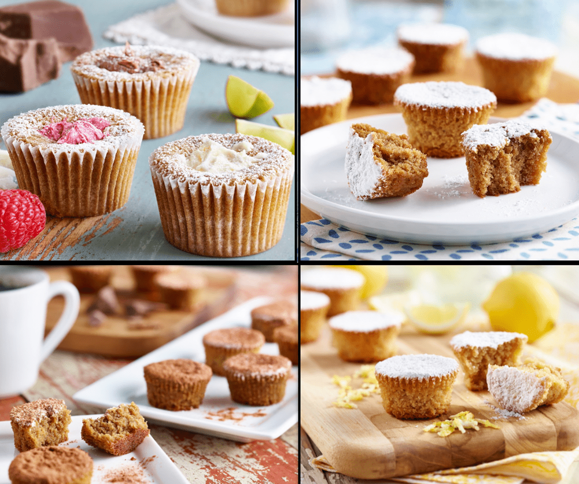 Assorted cupcakes displayed in four sections, featuring various flavors and toppings, showcasing dessert variety and presentation.