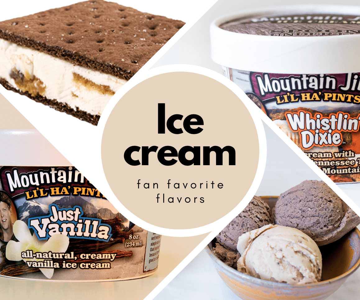 Ice cream flavors showcased: a chocolate sandwich, vanilla tub, and a bowl of scoops, highlighting fan favorites from Mountain Jim’s.